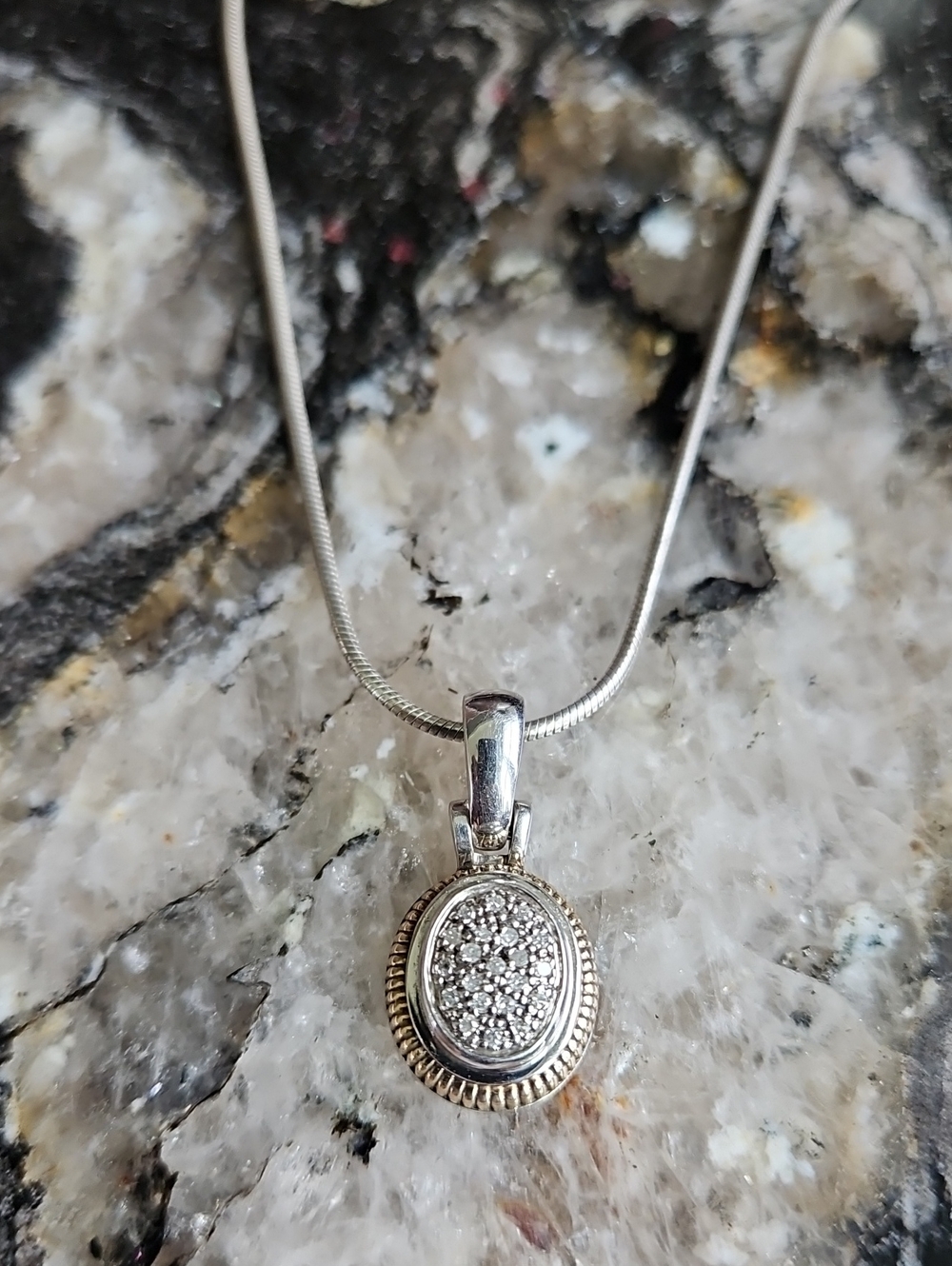 JWBR Sterling Silver 14k Gold Diamonds Hindged Bail Pendant w/ 18" Snake Chain